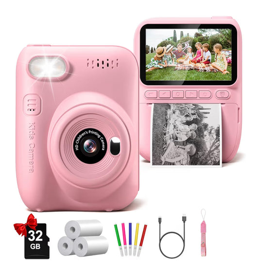 Instant Print Camera 3.0" HD 32MP Kids 1080P w/ 3 Rolls of Printer Paper 32GB SD Card (Pink)