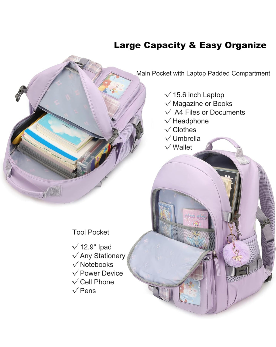 Backpack for Girls, 15.6 Inch Laptop School Bag Kids Kindergarten Elementary College Backpacks Large Bookbags for Teen Girl Women Students Casual Travel Daypacks (Purple)