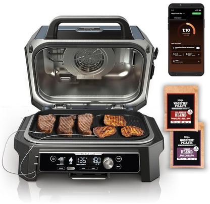 Ninja Woodfire Pro Connect Premium XL Buitenbraaier en Roker, Bluetooth, Toepassing-geaktiveer, 7-in-1 Meesterbraaier, BBQ-Roker, Buitelug-lugbraaier, Houtvuur-tegnologie, 2 Ingeboude Termometers - Swart