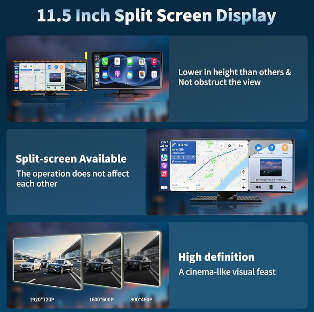 Wireless HD 11.5'' Carplay & Android Auto Car Stereo Touchscreen w/ 4K Dash Cam 1080P Backup Camera,Voice Control/GPS Navigation/Mirror Link/Bluetooth/AUX/FM