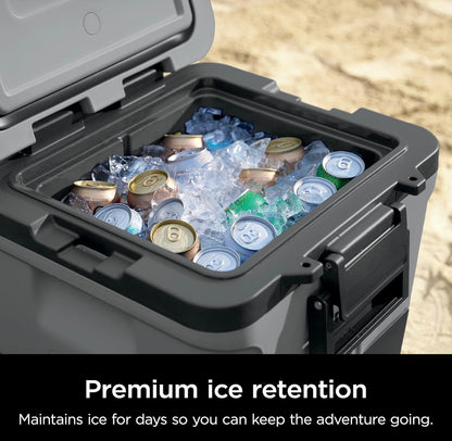 Ninja Cooler FrostVault 30QT-koeler met wiele – geïsoleer met Temp Dry-bergingslaai hou ys dae lank koud – State Gray