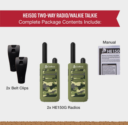Cobra HE150 Kindervriendelike Walkie Talkies – 25 km Reikafstand, 2 Kanale Tweeradio Stel – Groen, (2-pak)