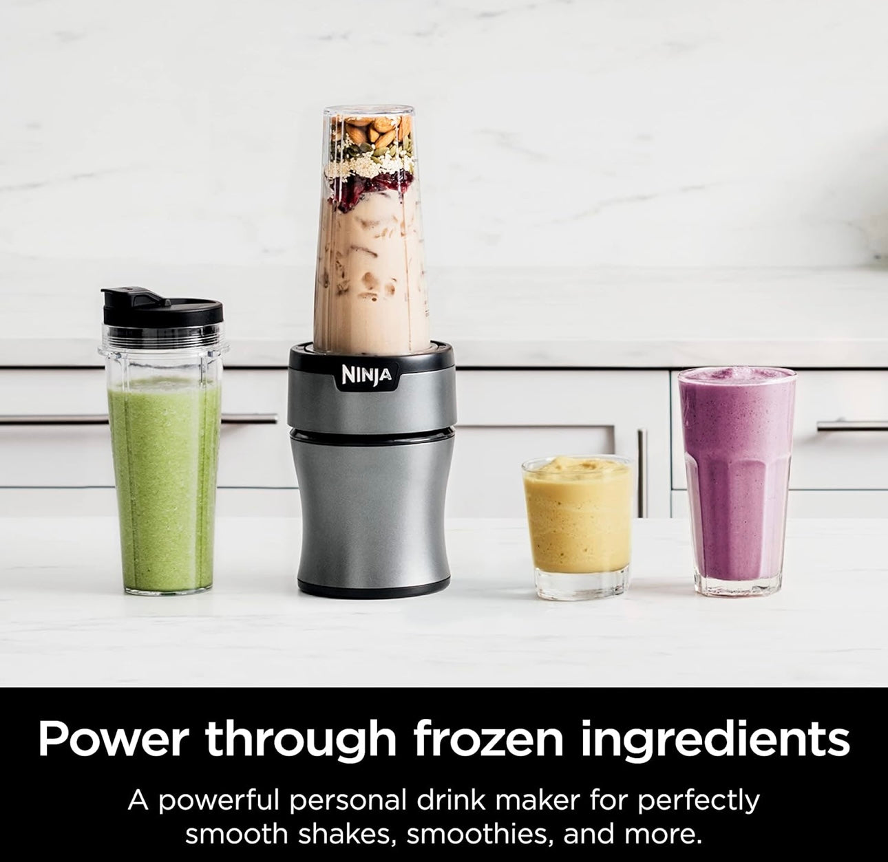 Ninja BN301 Nutri-Blender Plus Compact Personal Blender, 900-Peak-Watt Motor (3) 20 oz. To-Go Cups, (2) Spout-Lids (1) Storage-Lid, Dishwasher Safe - Silver