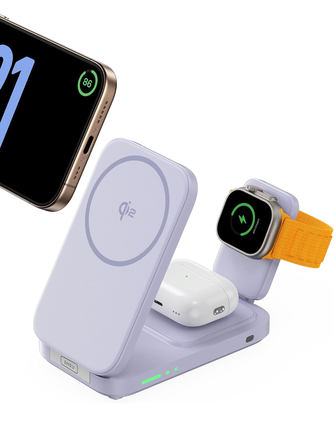 INIU 3 in 1 Wireless Charging Station, Qi2 Certified Magnetic Travel Charger for Apple Multiple Devices, Foldable Charger Stand for Apple iPhone 16 15 14 13 12 Series Watch AirPods (Purple)