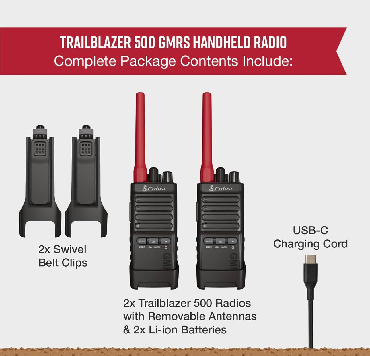 Cobra Trailblazer 500 GMRS Radio (2-pak) – IP54 Robuuste Ontwerp Sonder Skerm, 2.5W Langafstand Walkie Talkies, 16 uur Battery, Draaiholster, Programmeerbare Sagteware, Verwyderbare Antenna, Herhaler Versoenbaar