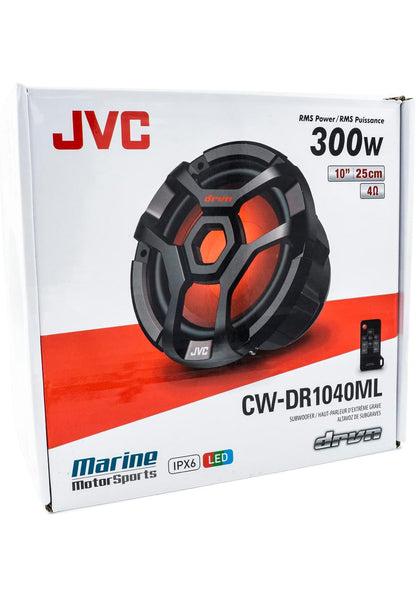 JVC CW-DR1040ML 10-duim RGB-beligting Buite Mariene/Motor Oudio-subwoofer - 1,300 Watt Enkel Swart Waterdigte Bass-hardluidspreker vir Mariene Stereo-klankstelsel