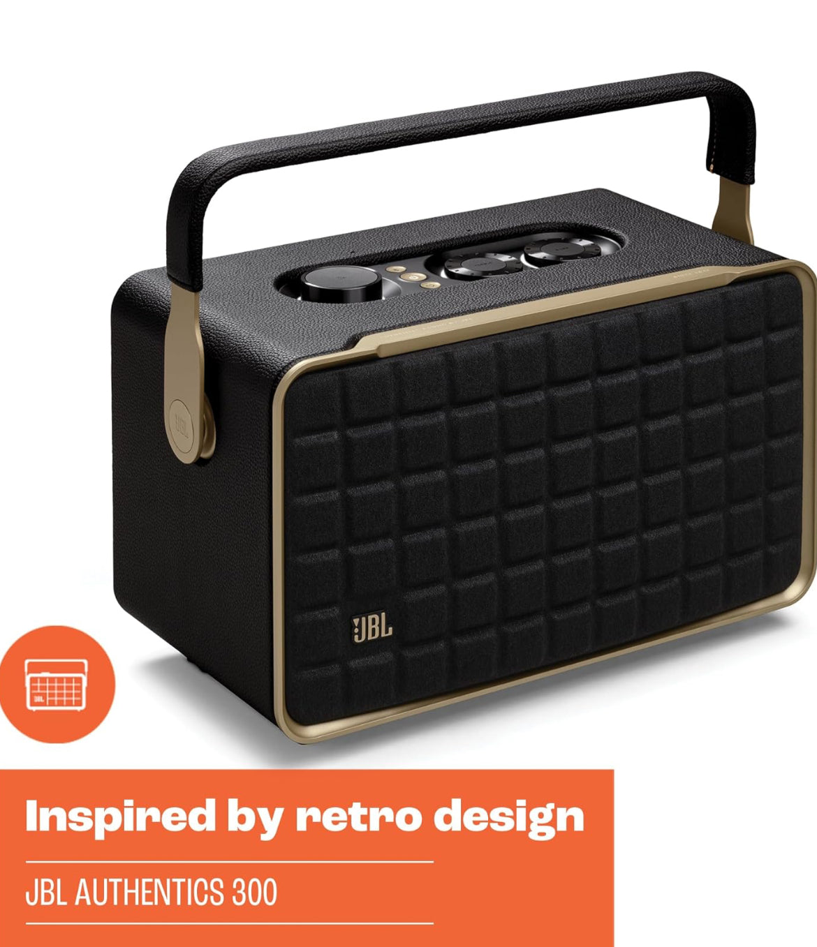 JBL Authentics 300 - Retro Style Wireless Bluetooth/WiFi Home Speaker, Built in Battery (4800mAh) - (Black/Gold)