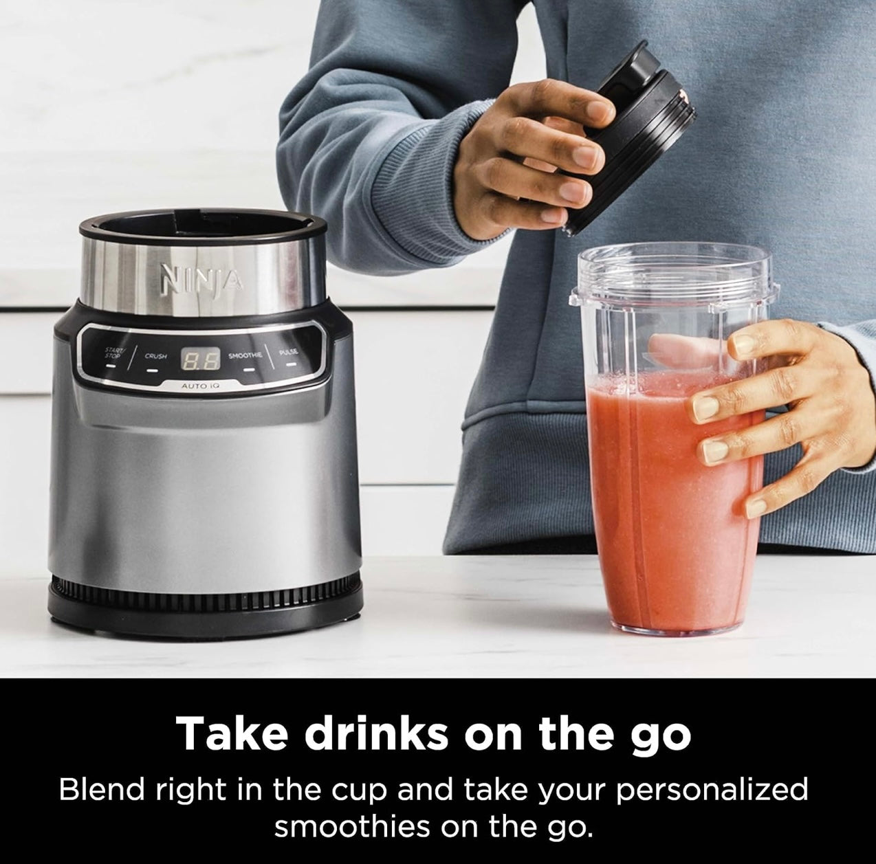 Ninja BN401 Nutri Pro Compact Personal Blender, Auto-iQ Technology, 1100-Peak-Watts, with (2) 24-oz. To-Go Cups & Spout Lids - Cloud Silver