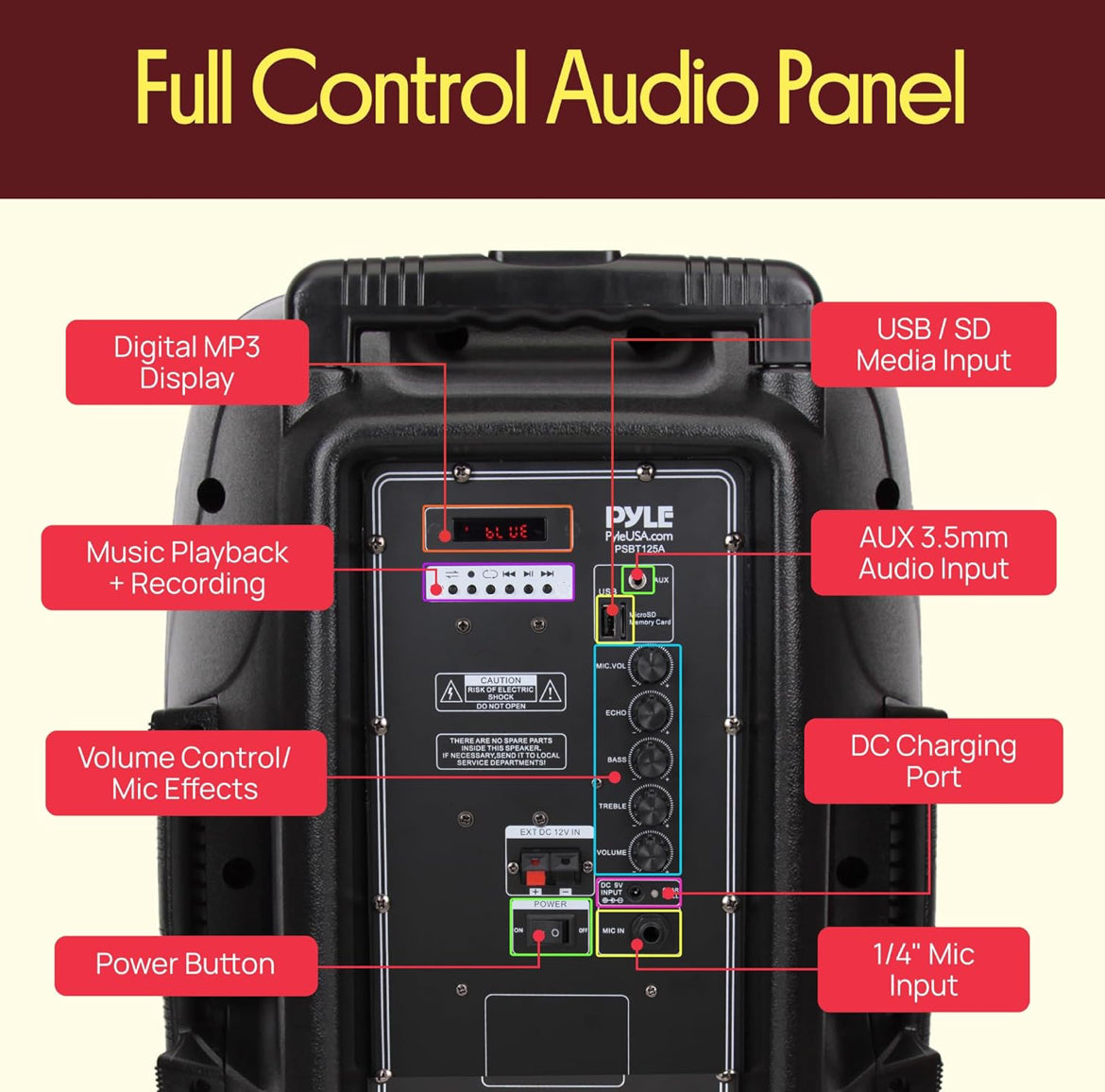 Portable Bluetooth PA Speaker - 12’’ 1200W Subwoofer, LED Battery Indicator Lights W/Built-In Rechargeable Battery, MP3/USB/SD Card Reader, and UHF Wireless Microphone
