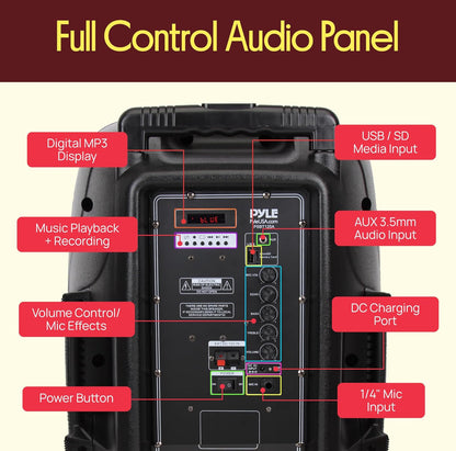 Portable Bluetooth PA Speaker - 12’’ 1200W Subwoofer, LED Battery Indicator Lights W/Built-In Rechargeable Battery, MP3/USB/SD Card Reader, and UHF Wireless Microphone