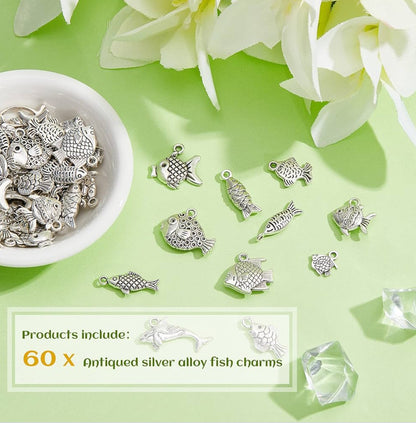 60 Stuks Vis-sjarms vir Juweliersware Maak - Verouderde Silwer Allooi Hangers in 12 Style - Gesorteerde Sjarms vir Selfdoen Handwerk Somer Armband Ketting Oorring