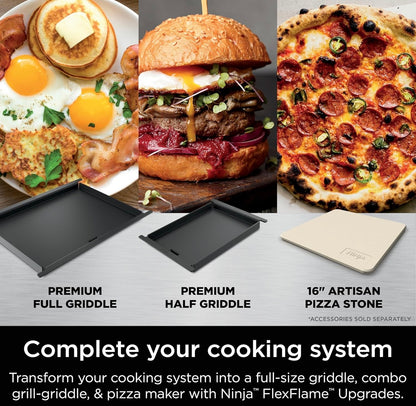 Ninja FlexFlame, Rooster en Roker, Elektriese en Propaanbraaier, Rooster, Braaier, 5-in-1 Kookstelsel, 3 Branders, Digitale Beheer, Buitekook, Bakplaat, Pizzamaker - Vlekvrye Staal (PG301)