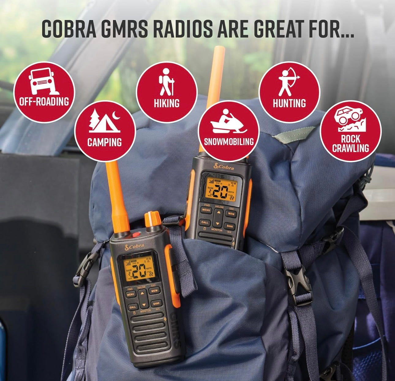 Cobra Trailblazer 450 GMRS Radio (2-pak) – IP54 Weerbestand, 16h Battery, 2.5W Langafstand Walkie-Talkies, Groot LCD-skerm, NOAA, Programmeerbare Sagteware, Verwyderbare Antenna, Herhaler-versoenbaar