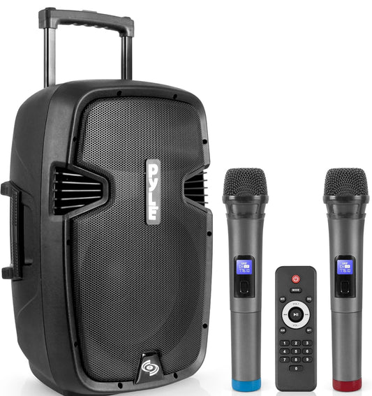 Draagbare Bluetooth PA Luidsprekerstelsel - 1000W Koordlose Karaoke Luidspreker met 12” Subwoofer, USB/SD/MP3/FM - Sluit Dubbele UHF Mikrofoon, Afstandbeheer, Rolwiele in