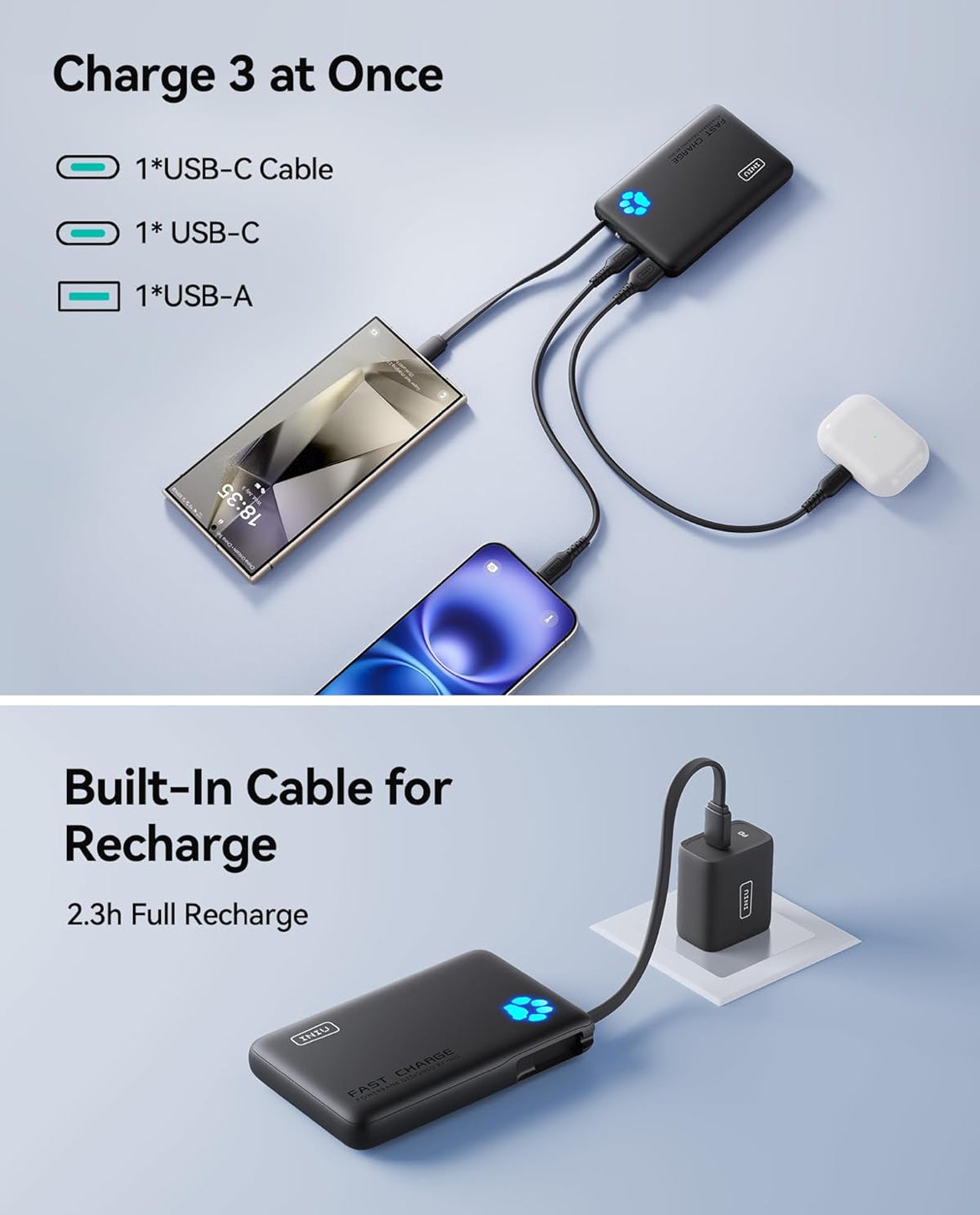 INIU Portable Charger, Slim 10000mAh Power Bank with Build in USB-C Cable, 20W Fast Charging Small Phone Charger, Flight Cruise Ship Trip Accessories Essentials for College Student Teen Boy Girl, Blue