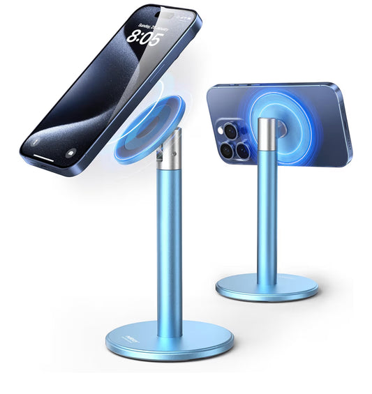 Magnetic Fully Aluminum Phone Stand, 360 Rotating for Desk w/ Metal Ring, Adjustable Holder with MagSafe Case - Blue