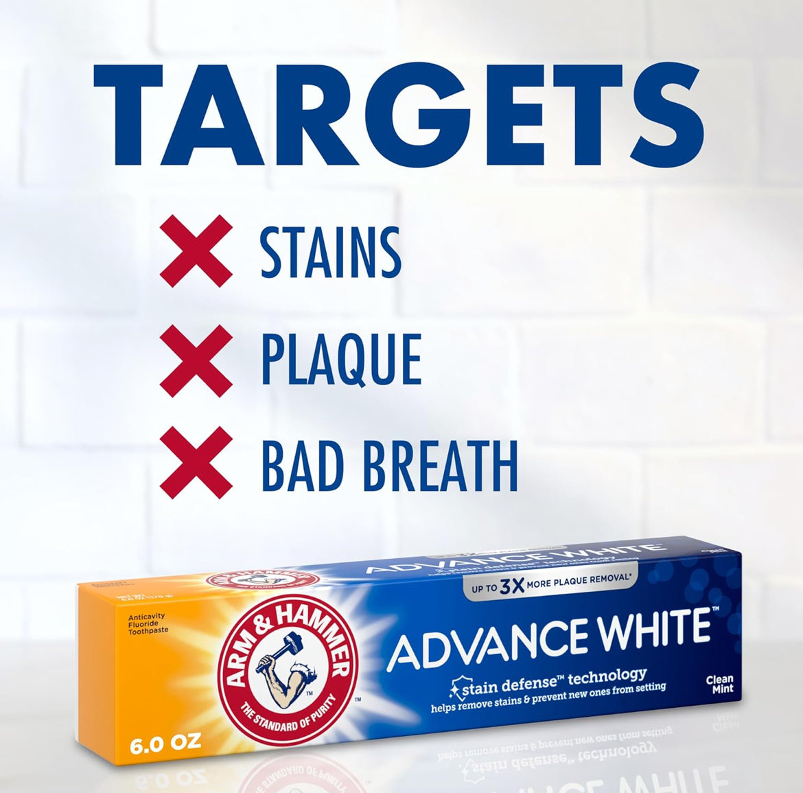 ARM & HAMMER Advance White Toothpaste Stain Defense, Fluoride - Clean Mint Flavor, 6.0 Oz (Pack of 4)