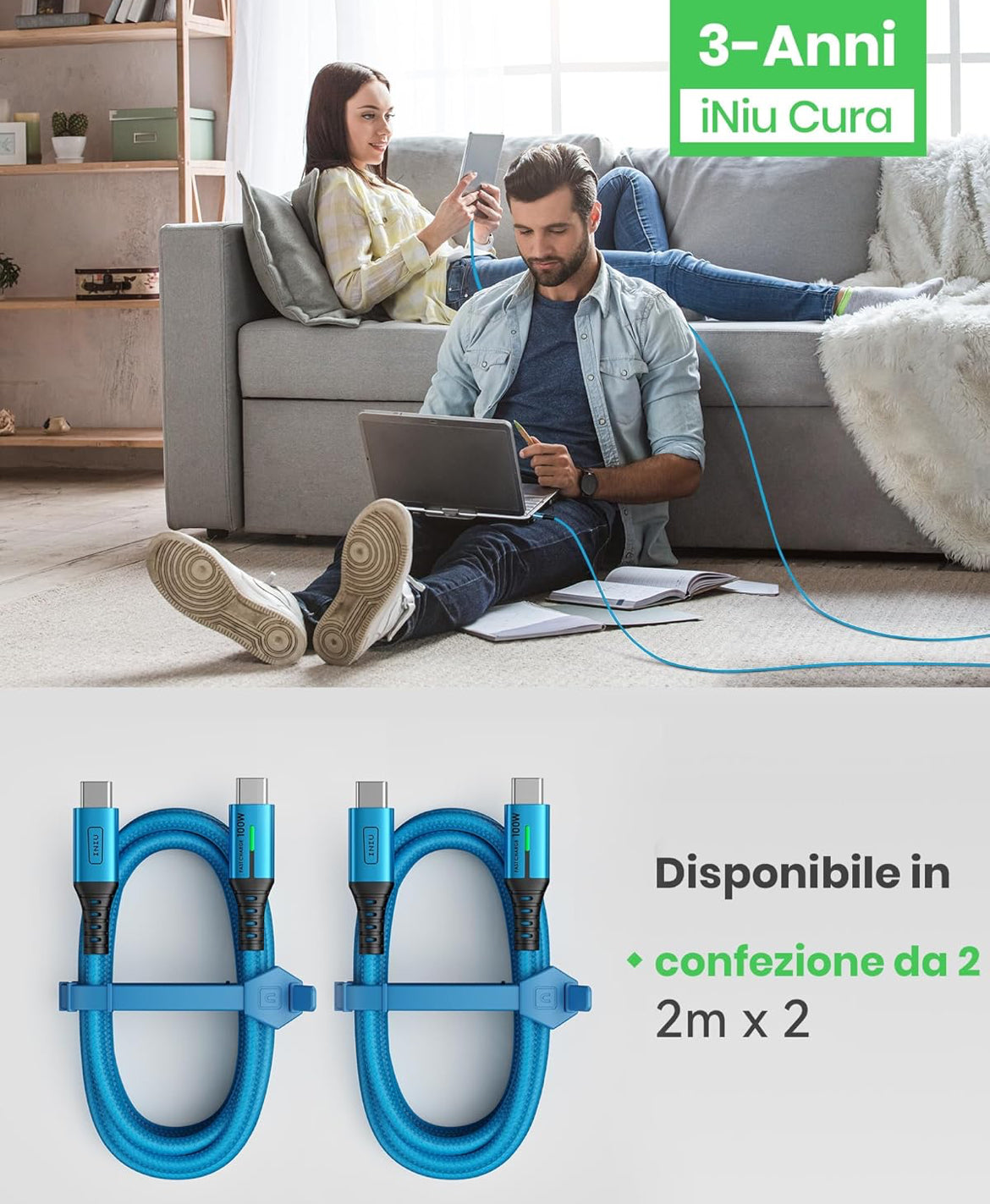 INIU USB-C Cable, [6.6ft, Blue] 2-Pack USBC Cable for iPhone 16 15 Pro Max/Plus, Samsung Galaxy S22 Ultra Note 10, Pixel 7a, MacBook, iPad, and More