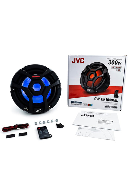 JVC CW-DR1040ML 10-duim RGB-beligting Buite Mariene/Motor Oudio-subwoofer - 1,300 Watt Enkel Swart Waterdigte Bass-hardluidspreker vir Mariene Stereo-klankstelsel
