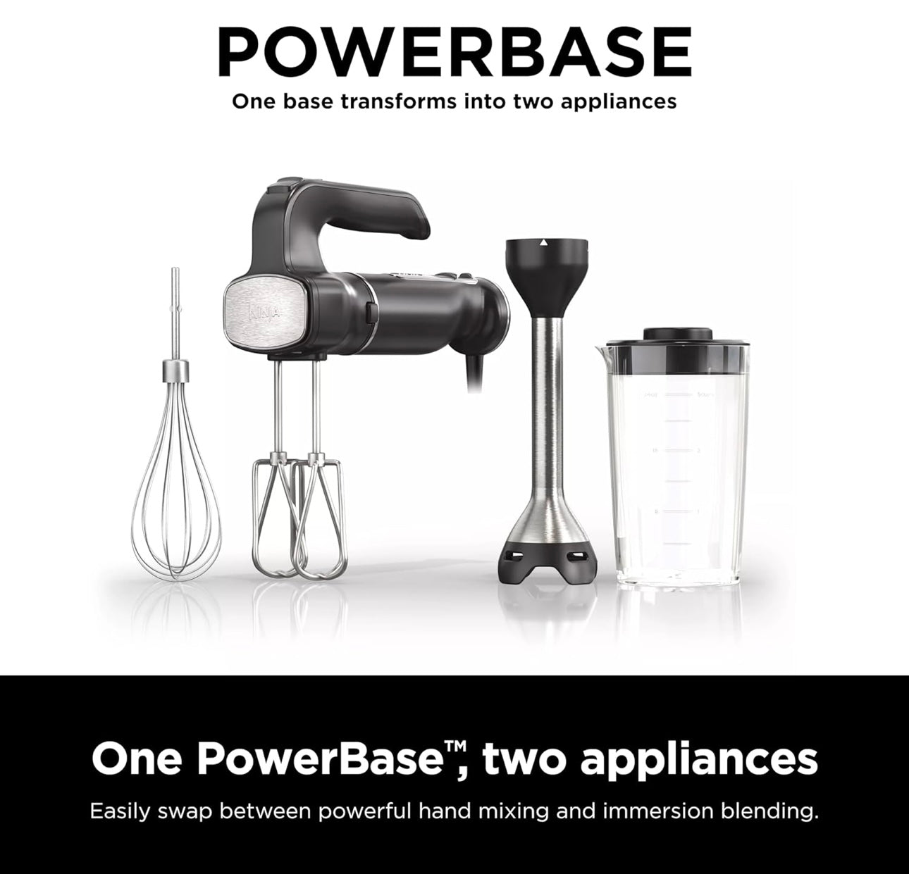 Ninja Hand Mixer, Immersion Blender, Foodi Power Mixer System, 750-Peak-Watt Handheld Emulsion Blender & Electric Hand Mixer Combo - Black CI101
