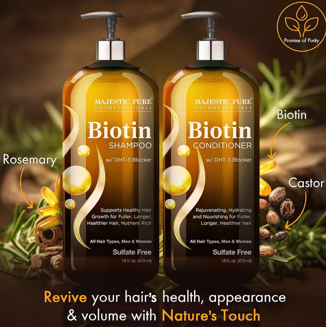 PURE Biotin Sjampoe en Conditionerstel met DHT-blokkeerderkompleks – Hidreer, Voed en Ondersteun Gesonde Hare, Sulfaatvry, vir Mans en Vroue – (473 ml)