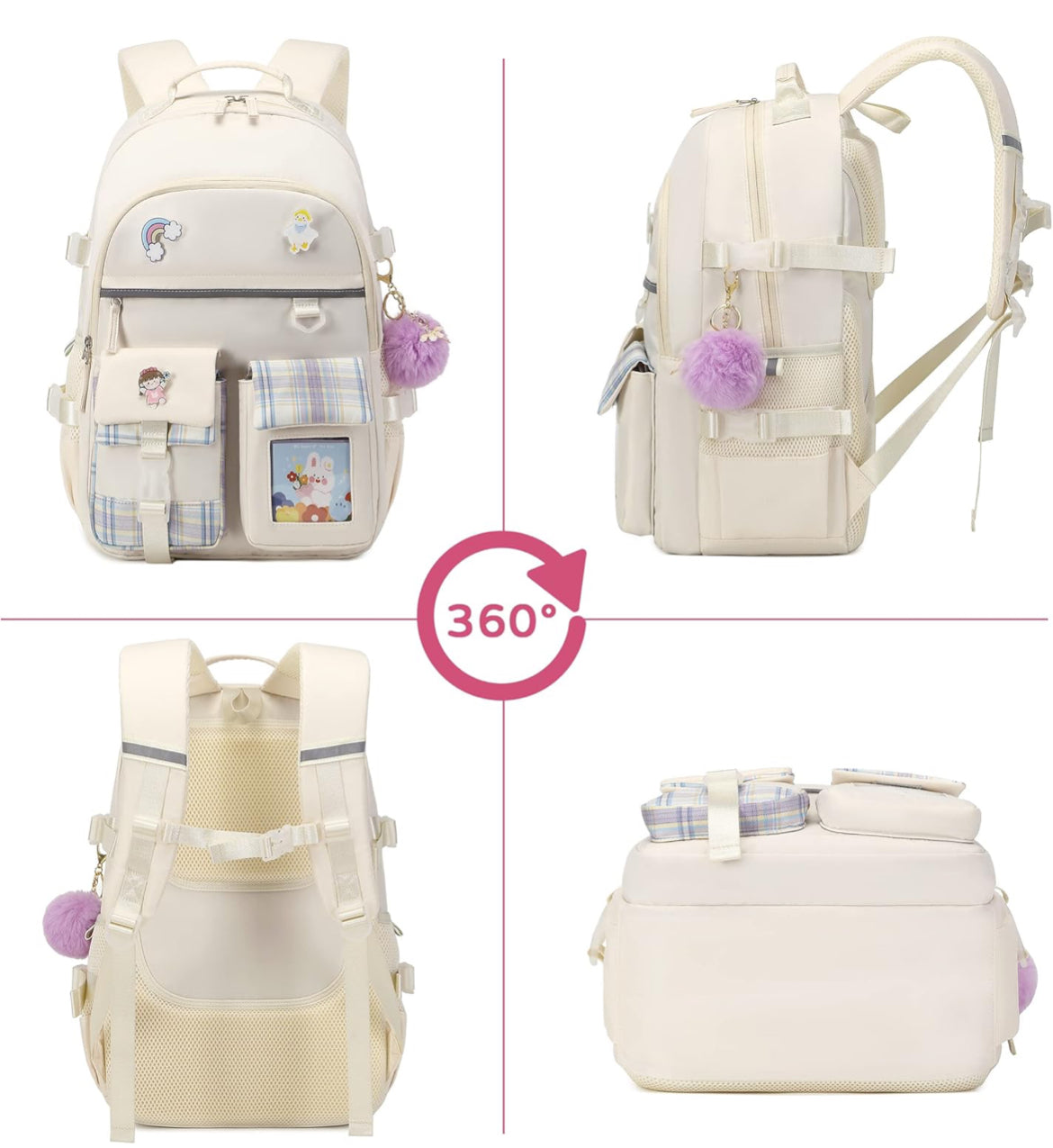 Backpack for Girls, 15.6 Inch Laptop School Bag Kids Kindergarten Elementary College Backpacks Large Bookbags for Teen Girl Women Students Casual Travel Daypacks (Beige)
