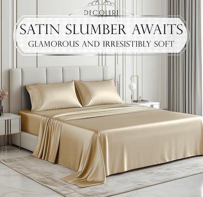 DECOLURE Satin Bed Sheets - 3 Piece Luxury Silky Twin Size Bedding Set - Softer Than Silk, Wrinkle-Free with 15” Deep Pocket Fitted Sheet, Perfect for Hair & Skin, Gifts for Women (Ivory)