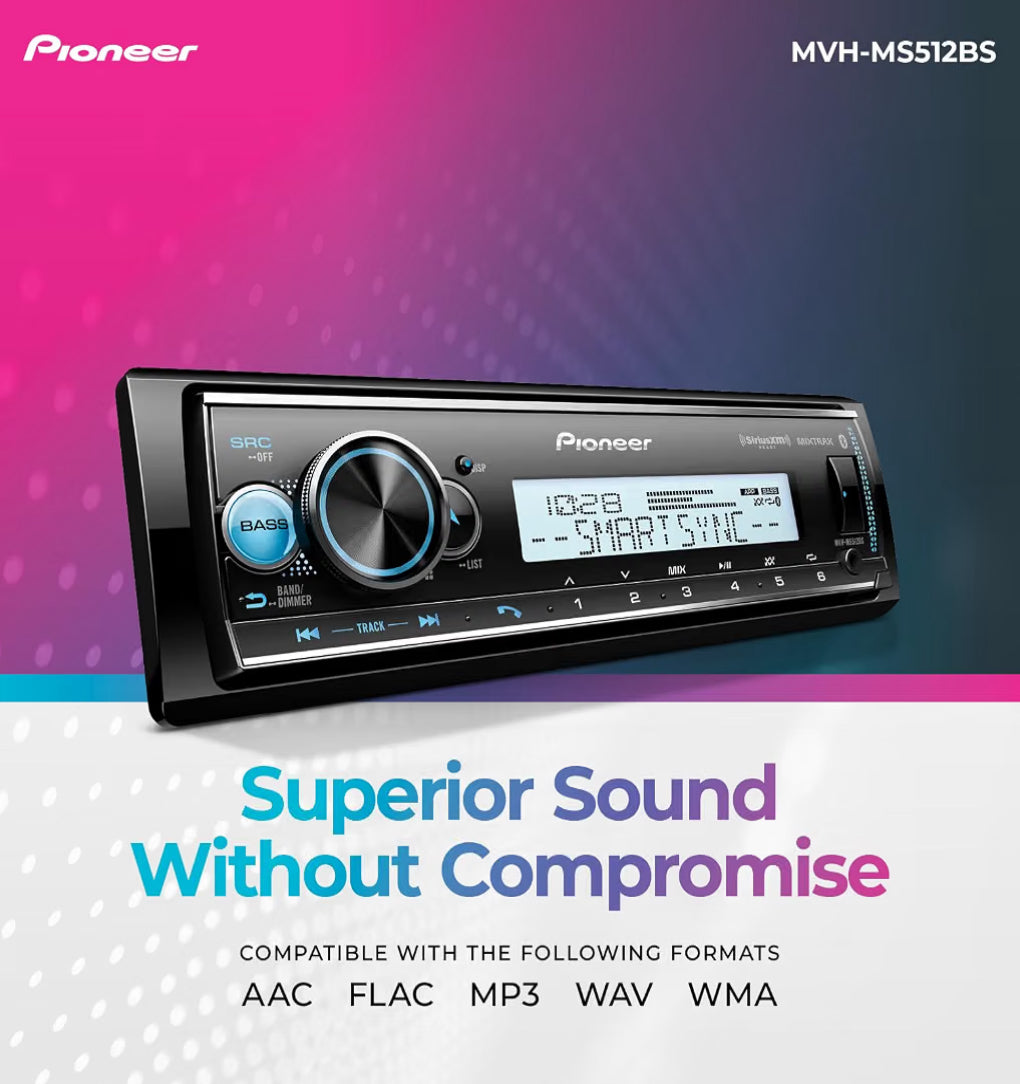 Pioneer MVH-MS512BS Marine Car Stereo with Bluetooth, USB, AM/FM Radio
Marine Digital Media Receiver, SiriusXM, Color Change, White Display for Outdoor, Hi-Volt RCA, iPhone/Android Compatible