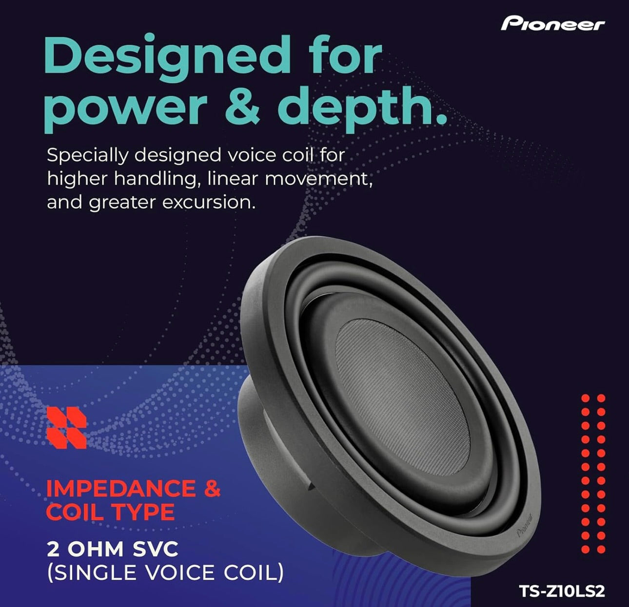 Pioneer TS-Z10LS2 10” Oormaat Subwoofer, Vlak Ontwerp, Maklike Installasie en Buigsame Pasvorm, 1300 Watt Spitsvermoë, Enkelluidspoel van 2 Ohm vir Diep, Verbeterde Basrespons