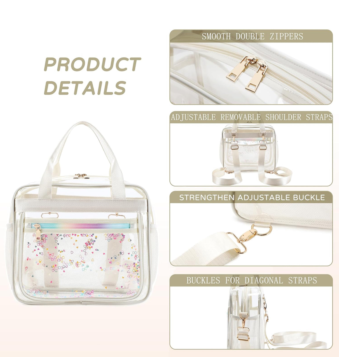 Clear Beach Bag Travel Tote Transparent Backpack for Women Girls Stadium Approved Crossbody Messenger Shoulder Handbag