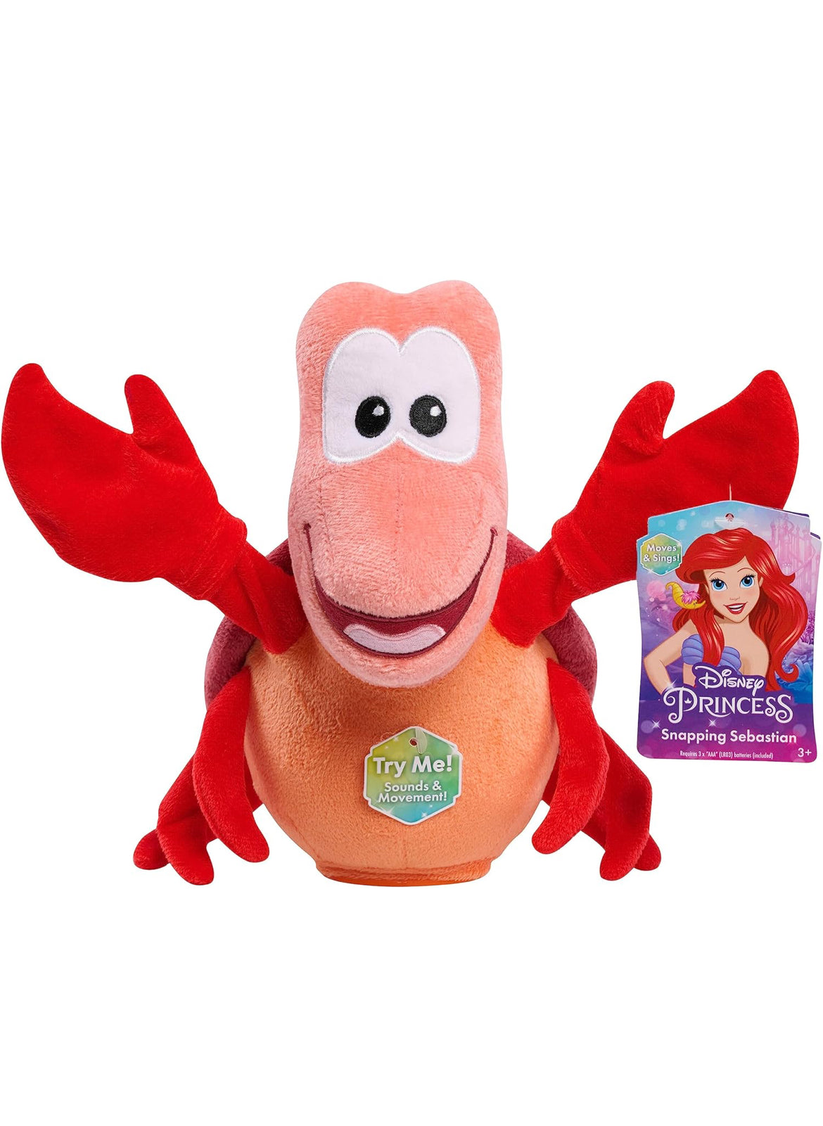 Disney Princess Singing and Snapping Sebastian 10" Plush Stuffed Animal, Red Crab - Kids Toys for Ages 3 Up by Just Play