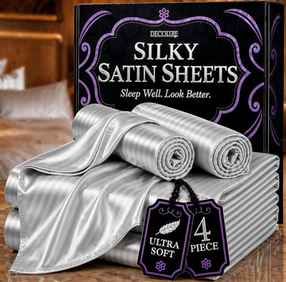 DECOLURE Satin Bed Sheets - 4 Piece Luxury Silky Queen Size Bedding Set - Softer Than Silk, Wrinkle-Free with 15” Deep Pocket Fitted Sheet, Perfect for Hair & Skin, Gifts for Women (Striped Grey)