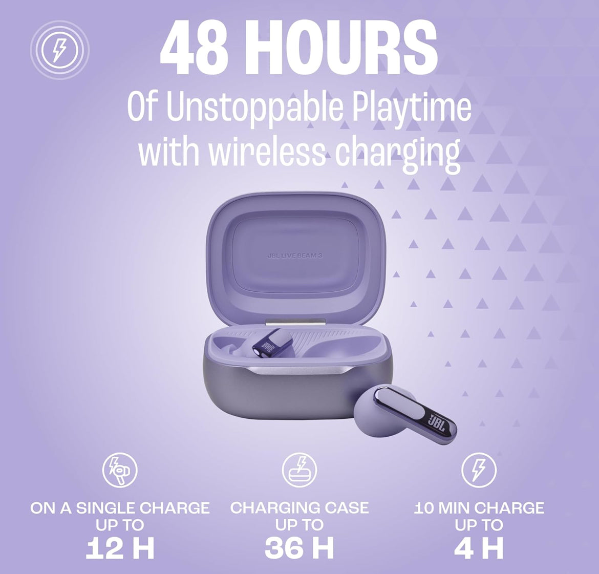 JBL Live Beam 3 - True wireless noise-cancelling closed-stick earbuds, 48Hrs total playback, Wireless Charging, 6 Mics for perfect calls, Multi-point connection, IP55 waterproof and dustproof (Purple)
