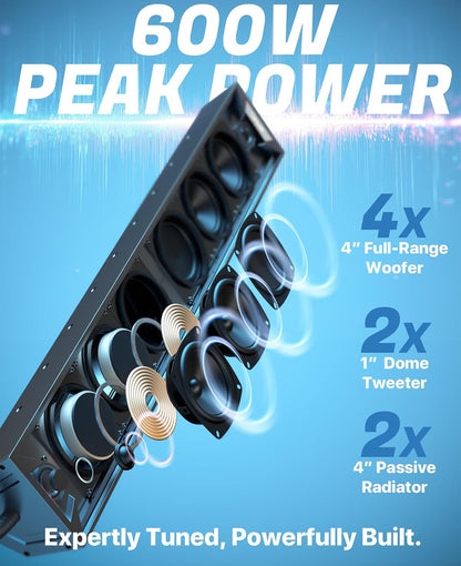 34" 8-Speaker UTV SoundBar w/ Bluetooth, IP66 Waterproof600W Peak Power, RGB lights, FM Radio/USB/AUX, Sync Mode, Fits 1.5"-2.25" Roll Cages for UTVs, Golf Cart, SXS, ATVs & Marine