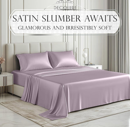 DECOLURE Satin Bed Sheets - 4 Piece Luxury Silky Queen Size Bedding Set - Softer Than Silk, Wrinkle-Free with 15” Deep Pocket Fitted Sheet, Perfect for Hair & Skin, Gifts for Women (Lavender)