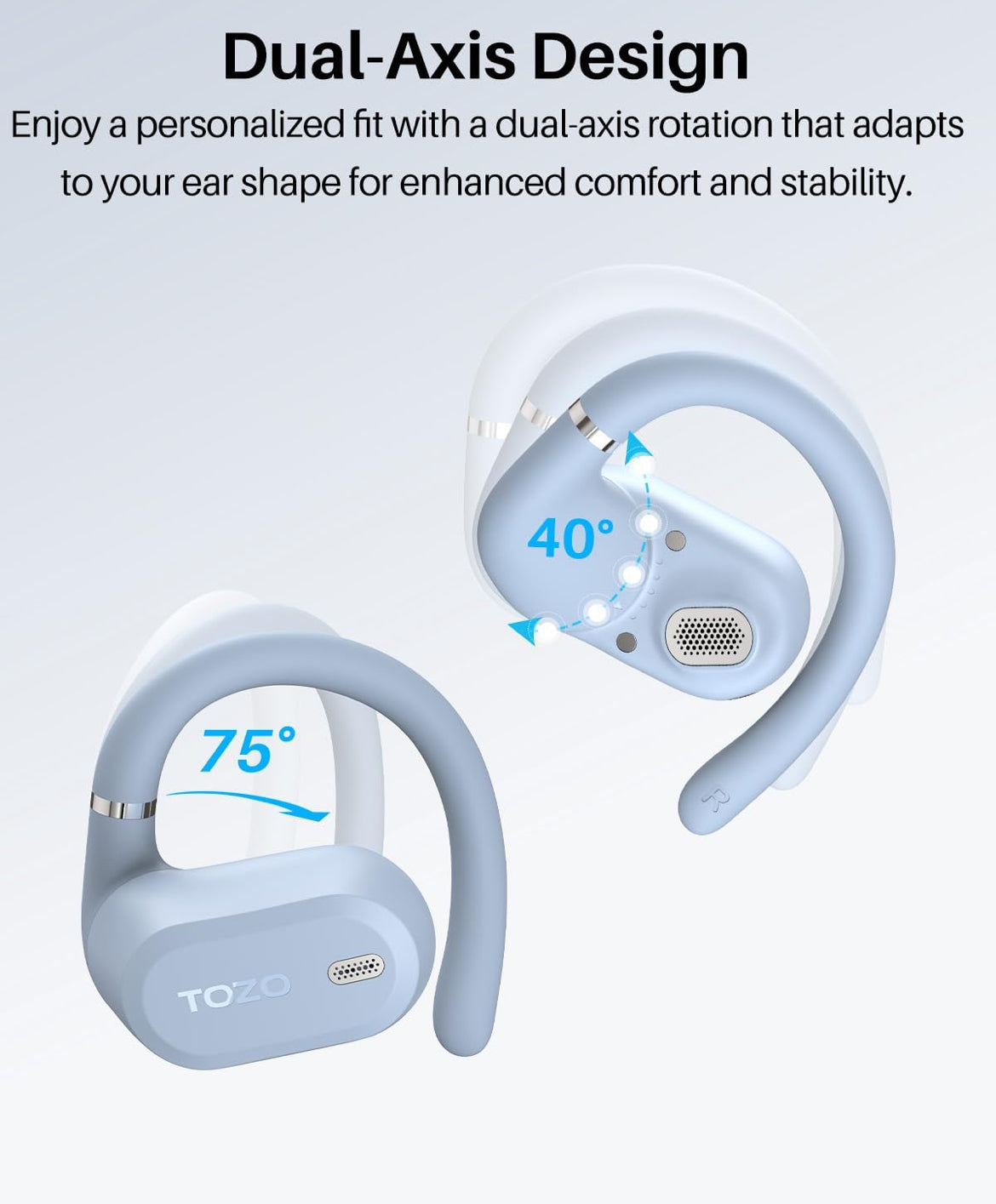 OpenWear Open Ear Headphones, Adjustable Ear Hooks, Ultra Comfort, Bass Bluetooth Headphones 5.4 with Smart Digital Display (Blue)