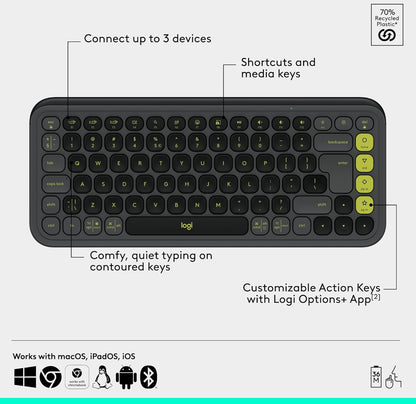 Logitech POP ICON Combo, Bluetooth-sleutelbord-en-muiskombo, Gemaklike Tik, programmeerbare Sleutels en Knoppies, Stil kliek, Maklike Wissel na tot 3 Toestelle – Grafiet en Lemmetjie