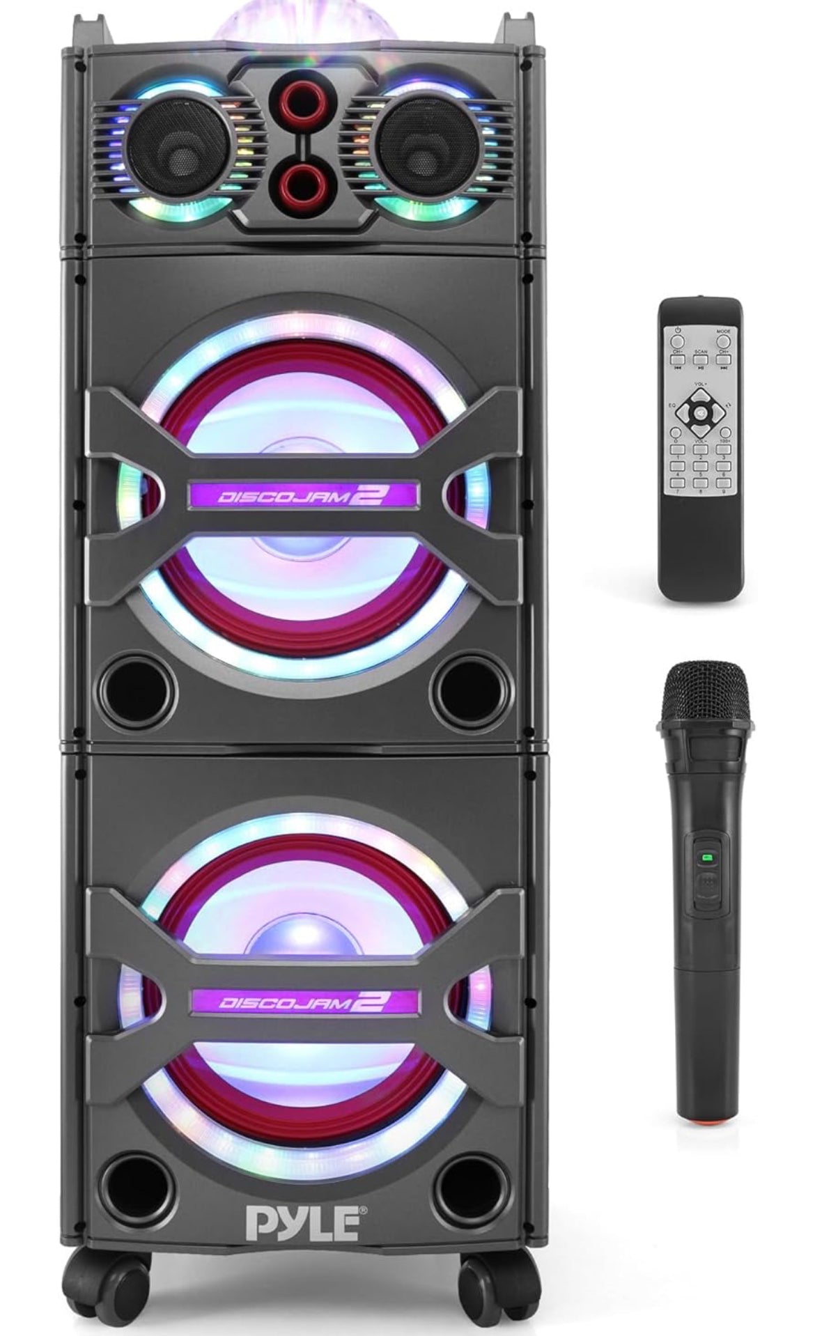 Draagbare Bluetooth PA Luidsprekerstelsel - 2000W Aktiewe Aangedrewe Buitestelsel met Mikrofooninvoer, Partytjieligte, USB SD Kaartleser, AUX/RCA/FM Radio, Wiele