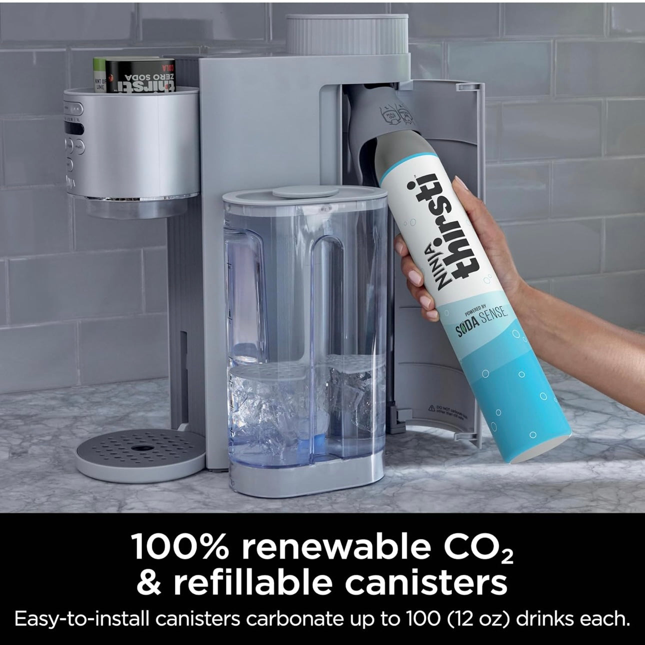 Ninja Thirsti Max Custom Hydration System, Soda Maker, Sparkling Water Maker, Custom Still & Sparkling Drinks, Compact Design, With 60L CO₂ Cylinder & Flavored Water Drops - Silver