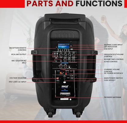 Draagbare 15" 1600 Watt Bluetooth PA-luidspreker - Binne- / buiteklankstelsel met (2) UHF Draadlose Mikrofone, Herlaaibare Battery, Oudio-opname, USB/SD-lesers, FM-radio