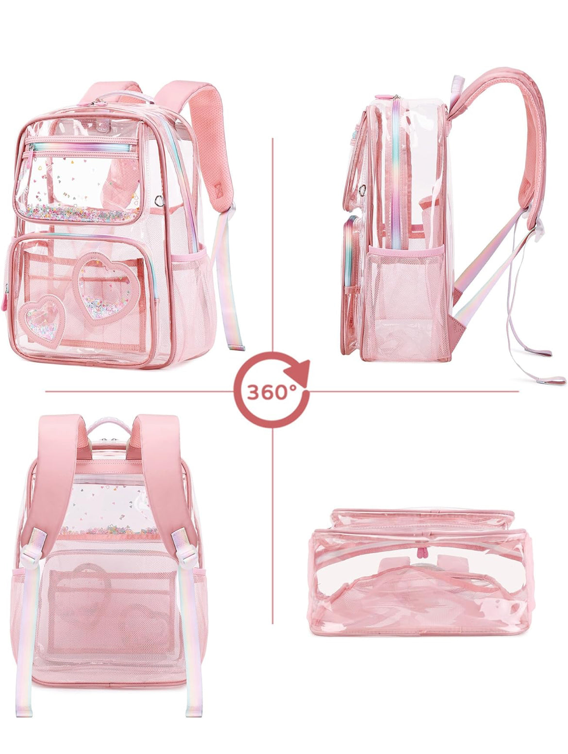 Girls Clear Backpack,2 PCS Large Backpacks Set,Heavy Duty Bookbag Stadium Approved Daypack Transparent Women Bag See Through Daypack for Kids Elementary Middle School Students Teens Sport Pink