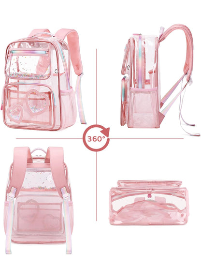 Girls Clear Backpack,2 PCS Large Backpacks Set,Heavy Duty Bookbag Stadium Approved Daypack Transparent Women Bag See Through Daypack for Kids Elementary Middle School Students Teens Sport Pink