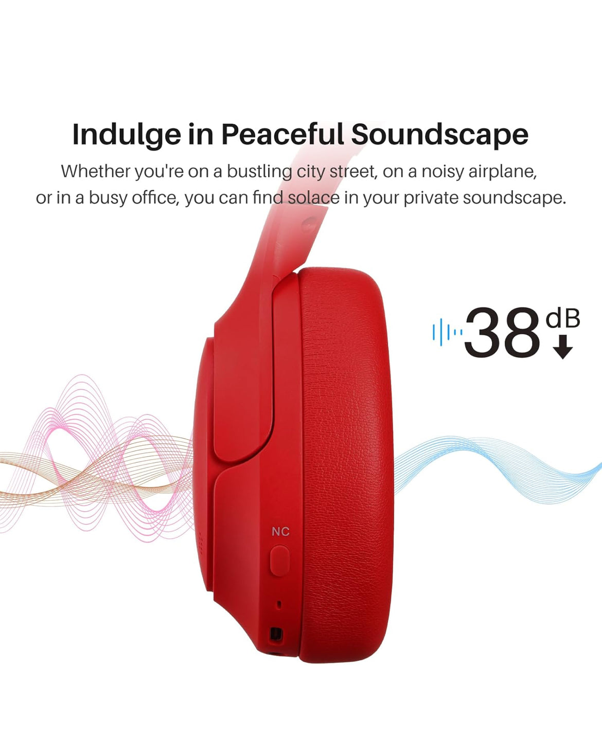 HT2 Hybrid Active Noise Cancelling Headphones, Wireless Over Ear Bluetooth Headset, 60H Playtime - Red