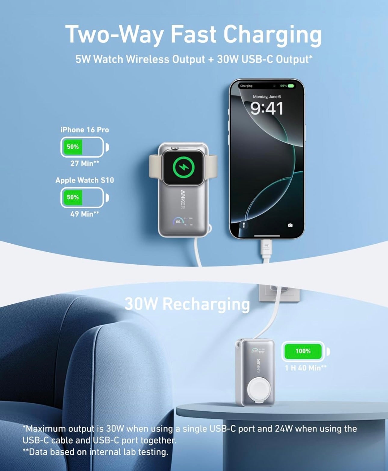 Anker MagGo Power Bank for Apple Watch, Officially Certified, 10,000 mAh Compact Battery - NEW