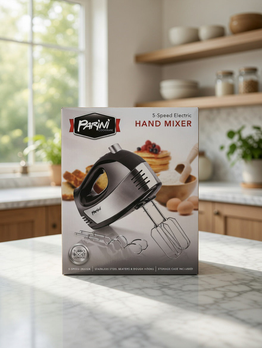 Parini 5-Speed Electric Hand Mixer Turbo Boost Control - Stainless Steel Beaters & Dough Hooks