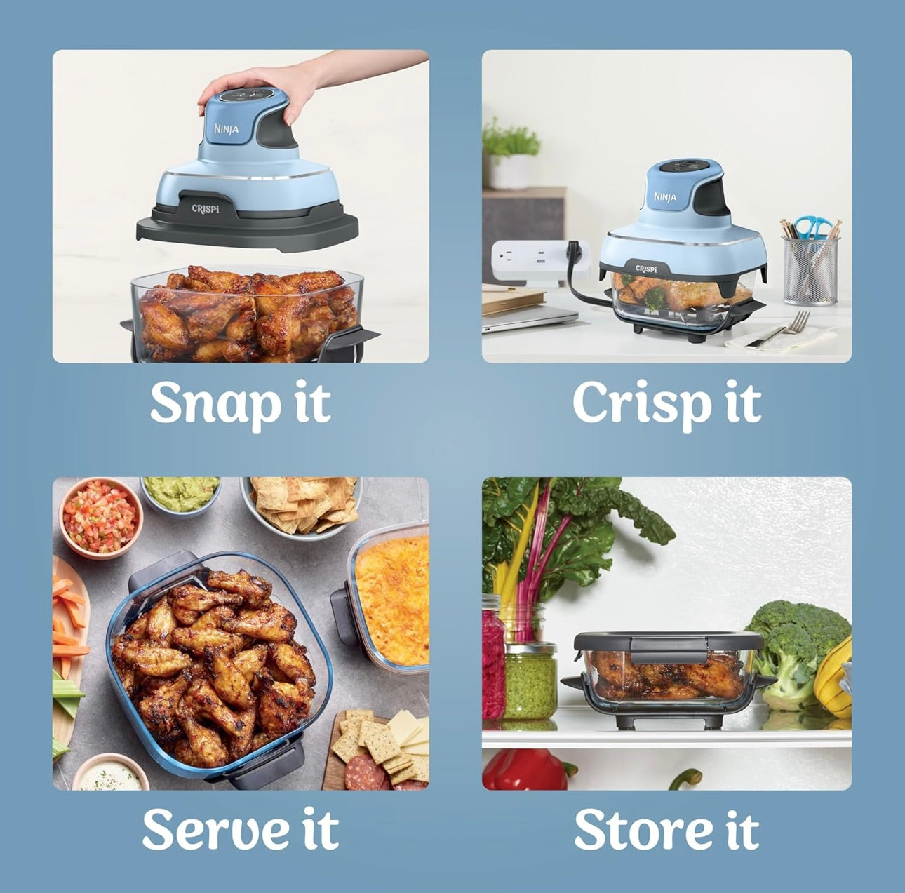 Ninja Crispi 4-in-1 Portable Glass Air Fryer Cooking System, 4QT & 6Cup Glass Containers with Storage Lids- Periwinkle, FN101PL