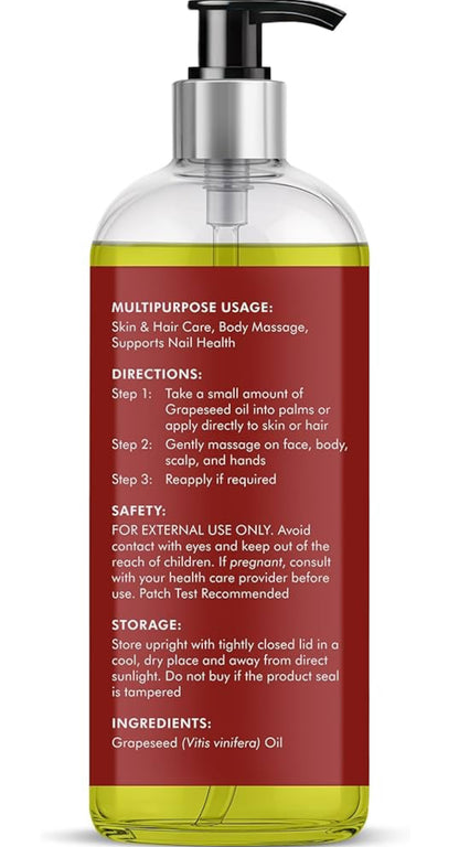 Suiwer Druiwepitolie - 100% Suiwer & Natuurlik - Premium Graad, Kouegepars, Heksaanvrye Draerolie vir Vel, Hare en Liggaam - Bevogtigende Vel, Hare en Kopvel - 16 Vl Oz