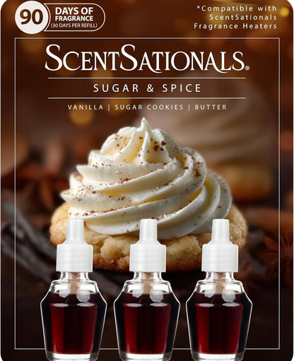 ScentSationals Sugar & Spice Fragrance Oil Plug In Air Freshener Refills 3-Pack - Works w/ Scentsationals Wall Plugs - Packaging May Vary