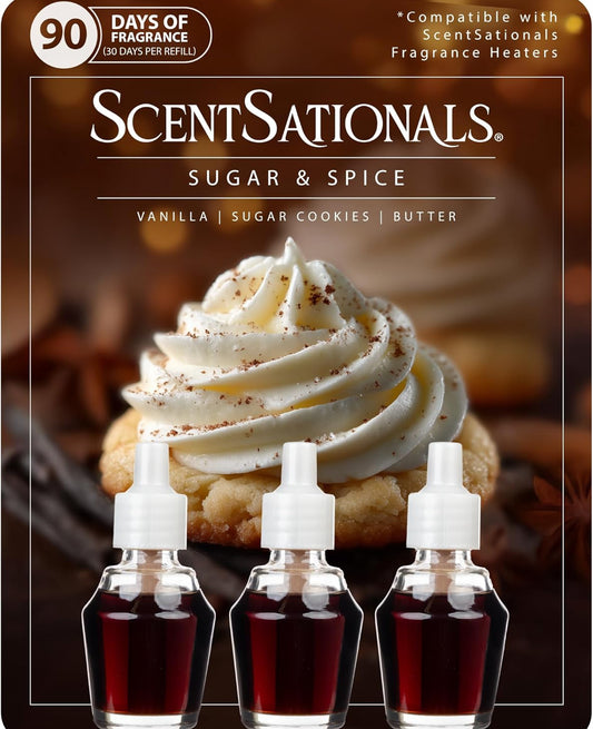 ScentSationals Sugar & Spice Fragrance Oil Plug In Air Freshener Refills 3-Pack - Works w/ Scentsationals Wall Plugs - Packaging May Vary