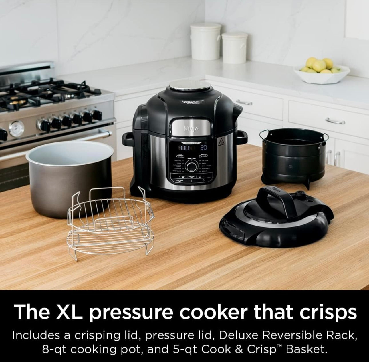 Ninja FD401 LP3 Foodi 12-in-1 Deluxe XL 8 qt. Drukkoker en Lugbraaier wat Stoom, Stadig Kook, Skroei, Soteer, Dehidreer en Meer, met 5 qt. Knapperige Mandjie, Omkeerbare Rak en Resepteboek, Silwer